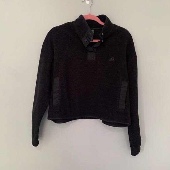 Adidas black fleece crop quarter button long sleeve pullover sweatshirt - Picture 1 of 10